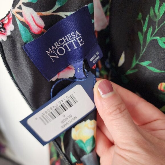 NWT Marchesa Notte Flowering Floral Keyhole High Low Gown Black Combo Size 6 - Picture 14 of 16